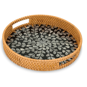Round woven two-tone rattan decorative tray featuring <b>tall</b> loop <b>side</b> handles, available at wholesale prices. - Product Image 4