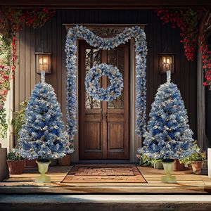 Juego de 4 Árboles de Navidad Artificiales Preiluminados con Luces LED, Incluye Guirnalda y Corona (Juego de 2) para Decoración de Entrada - Product Image 4