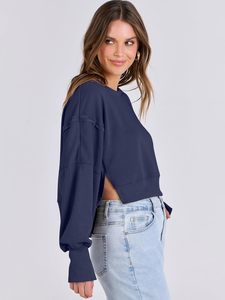 <b>Women's</b> Oversized Drop-Shoulder <b>Fleece</b> Quick Dry Streetwear Sweatshirt Full Sleeve Solid <b>Navy</b> Knitted Crew Neck Asymmetric - Product Image 4