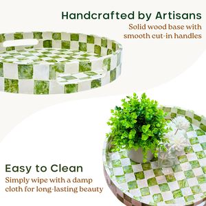 Decorative Tray with Handles, Checkered <b>Round</b> Serving Tray for Coffee <b>Table</b>, Kitchen Counter, or Bathroom (Pistachio Green) - Product Image 3