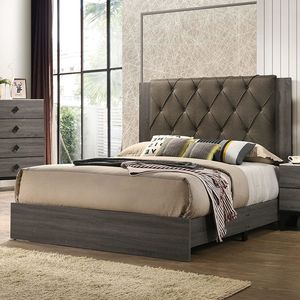 Letto matrimoniale moderno 1 pezzo con testiera trapuntata, finitura grigia, in legno di gomma, mobili per camera da letto, letto imbottito - Product Image 1