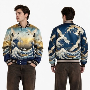 Chaqueta Bomber de Satén para Hombre, Estilo Japonés, Estampado de Ondas y Grullas, Cuello Camisero, Corte Regular, Ropa de Abrigo para Otoño - Product Image 1