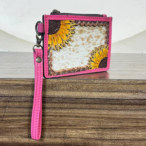 Monedero Pequeño de Cuero Genuino Hecho a Mano con Diseño de Girasol Rosa, Estiloso y Lindo, para Monedas y Tarjetas de Crédito/ATM, Estilo Western - Product Image 2