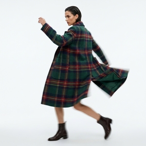 Green Plaid Wool Trench <b>Coat</b> Long Notched Collar Patch Pockets <b>Winter</b> Women's Outerwear Casual Full Sleeve <b>Thick</b> Warm <b>Coat</b> - Product Image 4
