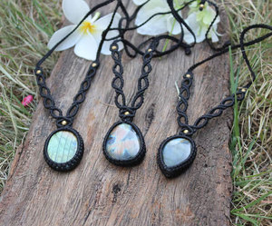 Handmade Natural Stone Macrame Pendant Necklace Bohemian Style Oval Shape Hemp <b>Rope</b> <b>Chain</b> Unisex Everyday Wear - Product Image 3