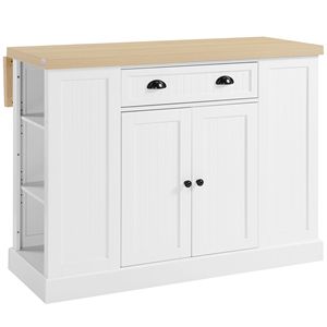 "Modern <b>Freestanding</b> <b>Kitchen</b> Cart with Oak Top Steel Frame Drop Leaf & Adjustable Shelves-White" - Product Image 1