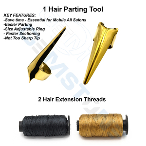 Kit d'outils pour extensions capillaires dorées en acier inoxydable : micro-perles, pinces, aiguilles, crochets, boucles, ciseaux, fils et perles durables et réutilisables - Product Image 5