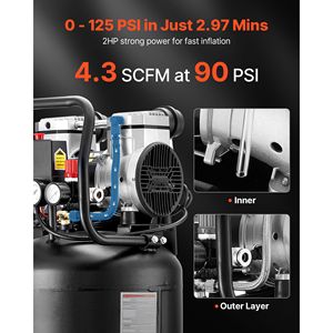 Compressore d'Aria Portatile Senza Olio da 14 Galloni 2HP, 4.3 SCFM a 90 PSI, Max 125 PSI con Ruote - Product Image 2