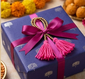 Traditional Diwali Gift Box Wrap with Pink Tassels and Ribbon Decor for Home Living Room Indoor Use - Product Image 1