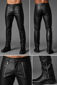 Men's Premium Genuine Leather <b>Vintage</b> Fit Black <b>Pants</b> Anti-Wrinkle Windproof Midweight Flat Front Side Pockets Custom OEM - Product Image 4