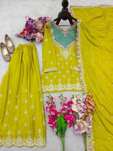 Ensemble Salwar en polyester brodé jaune avec dupatta, coupe classique, tenue traditionnelle indienne et pakistanaise pour femmes, longueur au sol - Product Image 4