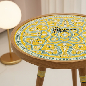 Tabouret en bois jaune Meena de luxe – Tabouret d'appoint décoratif artisanal pour espaces contemporains - Product Image 3