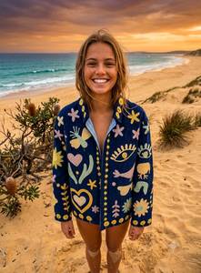 Veste en coton brodée à la main avec des motifs floraux, des cœurs, des yeux et des oiseaux, col rabattu, manches longues, style chic de la Prairie pour le printemps - Product Image 2