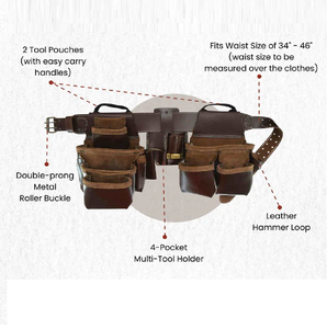 Ceinture porte-outils en cuir véritable, tablier de charpentier avec plusieurs poches et sangle réglable pour électricien et travaux d'entretien - Product Image 6
