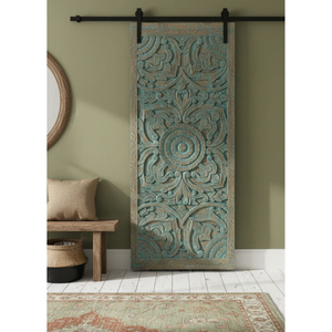 Puerta Corredera Rústica de Madera Tallada Color Verde Azulado, Estilo Antiguo, con Mandala Floral Hecho a Mano para Entrada Interior - Product Image 1