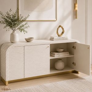 Modern Metal Rattan <b>Sideboard</b> with Brass Handles and Grey Stripe Pattern 4 ft <b>Storage</b> for Living Room Furniture - Product Image 2