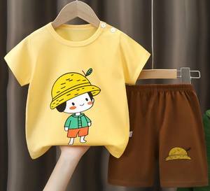 Conjunto de Dos Piezas para Bebés y Niños, Camiseta de Verano de Manga Corta de Algodón con Cuello Redondo, Diseño Liso, Estilo Casual - Product Image 4