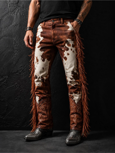 <b>Men's</b> Brown <b>White</b> Cowhide Print Western <b>Pants</b> With Tassels Mid Waist Button Fly Vintage Style Heavyweight Fabric - Product Image 3