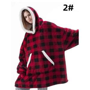Oversized Plaid Winter Fleece Hoodie for Women Claret One Size Sweatshirt with Pocket Autumn <b>Wearable</b> <b>Blanket</b> Long <b>Blanket</b> - Product Image 1
