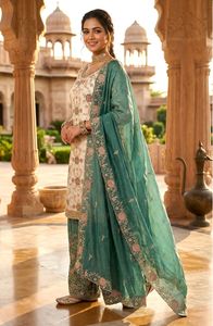 Ensemble Kurti Sharara Fendy Premium avec Dupatta, tenue ethnique richement brodée pour mariage et fête, avec doublure en Santoon mat, style designer - Product Image 4