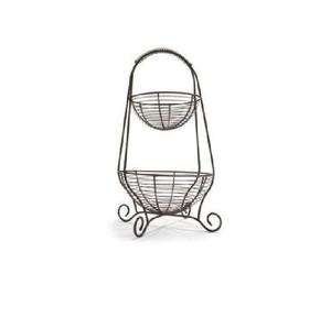 Classic Double Tier Metal Wire Storage <b>Basket</b> With Wooden Base Rustic Kitchen Organizer <b>Stackable</b> Design For Neatening - Product Image 5
