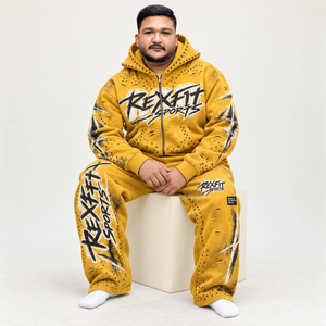 Conjunto de Sudadera con Capucha para Hombre REXFIT SPORTS, Estampado Digital Amarillo, Estilo Urbano, Traje Deportivo de Forro Polar para Otoño - Product Image 3