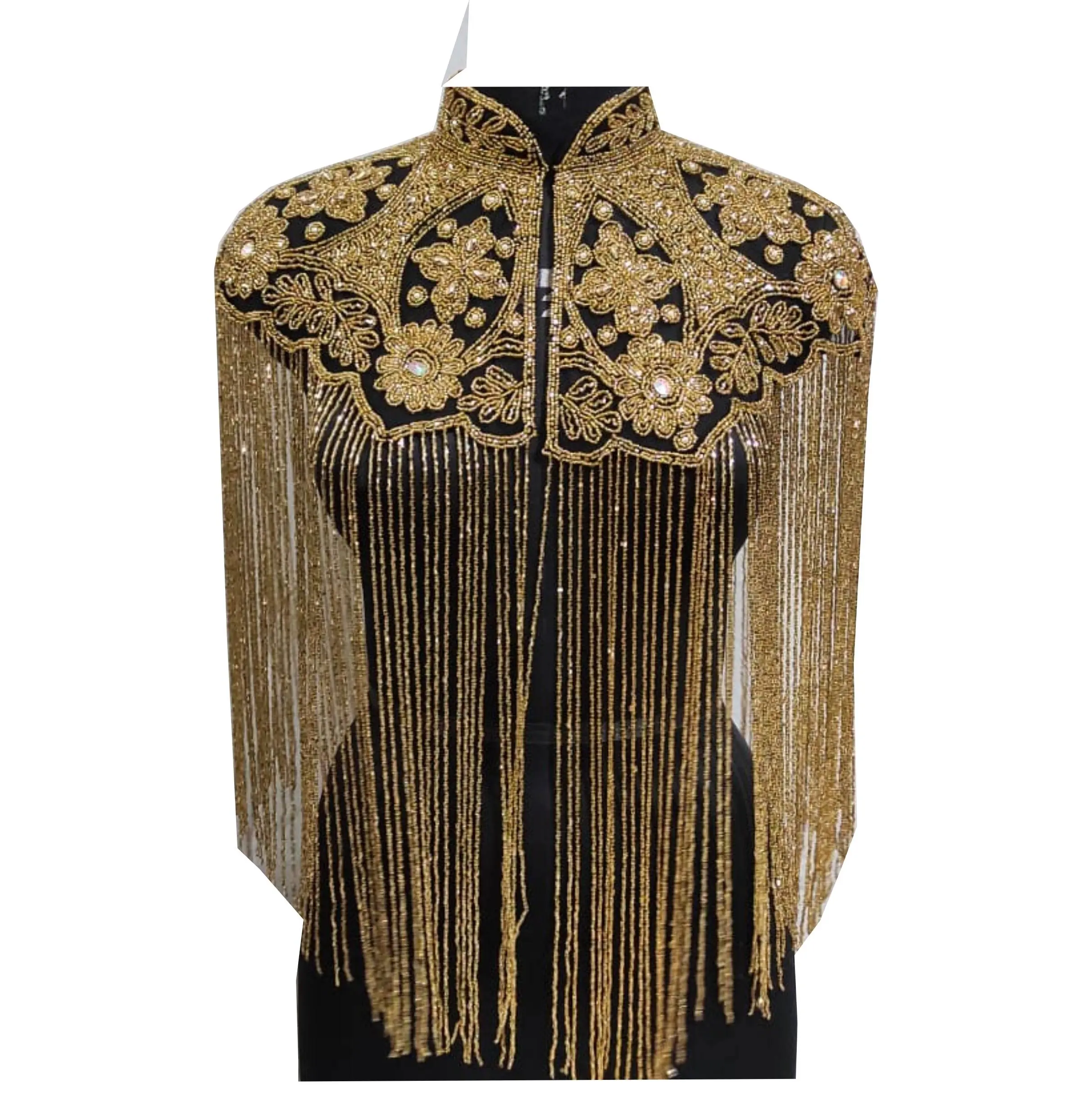 Wholesale Luxurious Dazzling Gold Hand Beaded Hand Embroidered Long Fringed Party Designer Poncho/Capes