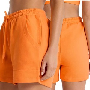 Custom <b>Women's</b> High Waist <b>Orange</b> Knitted <b>Shorts</b> With Pockets Drawstring Closure Casual Regular Fit Breathable Fleece Material - Product Image 3