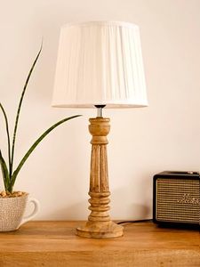<b>Vintage</b> Wooden Round <b>Table</b> Lamp Pleated Linen Shade Decorative <b>Bedside</b> Torchiere Indoor Bedroom Housewarming Gift Tabletop Use - Product Image 2