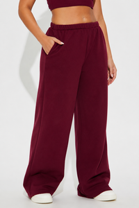 Women Relaxed Fit Wide Leg <b>Pants</b> Maroon Elastic Waist Soft Fabric Casual Lounge Wear Full Length Comfortable Sweatpants - Product Image 2
