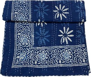 <b>Indian</b> Handmade Organic Cotton Vintage Reversible Kantha <b>Quilt</b> Eco-Friendly All-Season Wedding Home Hotel Floral Print Indigo - Product Image 4