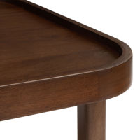 Table basse de salon ou de bureau de style moderne du milieu du siècle, finition noyer, plateau incurvé avec pieds en bois