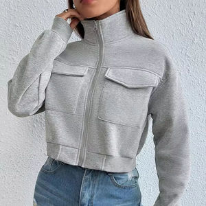 Short Acid Wash <b>Zip</b>-<b>Up</b> Front Hoodie Women Fleece Polyester/Cotton Blend Breathable Eco-Friendly Casual Winter Slim Fit Jacket - Product Image 6