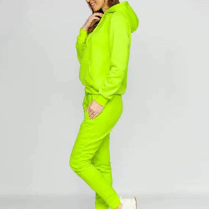 Women's Neon Green Hooded Tracksuit Full Sleeve Solid Design Casual <b>Sweatshirt</b> And Pants Set With Side Pockets - Product Image 3
