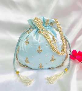 Exclusive <b>Navy</b> Blue Lotus Potli <b>Bag</b> Golden Zardosi Sequin Work Women <b>Wedding</b> Drawstring Purse Evening Handbag Best Supplier - Product Image 5