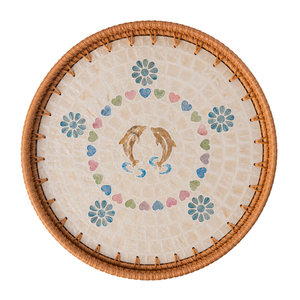 Bandeja Redonda de Lujo de Ratán con Madreperla y Delfines Gemelos, Flores Azules, Regalo de Boda, Almacenamiento de Té y Café, Venta al por Mayor - Product Image 1