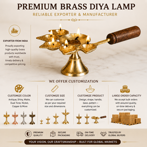 Lampe Diya Aarti en laiton à plusieurs mèches avec poignée en bois, lampe à huile traditionnelle pour la décoration des festivals Pooja, exportateur en gros Inde - Product Image 6