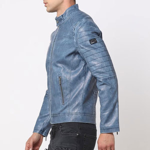 Men's Blue Washed Cow Leather Moto <b>Jacket</b> Stand Collar Zipper Closure <b>Slim</b> <b>Fit</b> Autumn Biker Style Regular Sleeve - Product Image 2