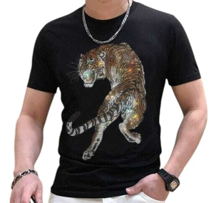Nueva camiseta de moda para hombre con diseño de tigre y diamantes de imitación, diseño de animales con cristales brillantes, camiseta transpirable de manga corta para fiestas y moda - Product Image 1