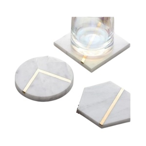Luxury Natural White Marble Coaster Set With Gold Brass Inlay Round <b>Square</b> Hexagonal Stone Drink Mats For Coffee <b>Table</b> & <b>Bar</b> - Product Image 1