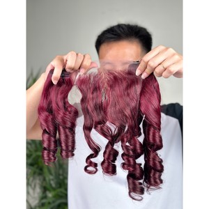 Cierre de Encaje Rizado Funmi Rojo Borgoña 4x4 Pulgadas, Cabello Humano Virgen Vietnamita Doble Trama a Máquina, Encaje HD 99J - Product Image 1