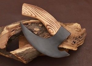 A&M Enterprises Handmade Ulu Style Pizza Cutter <b>Axe</b> with Black Finish Vegvisir and Deer Antler Etched Blade Curved Zebra <b>Wood</b> - Product Image 4