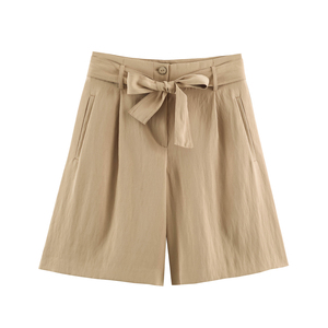 Shorts Bermuda taille haute pour femme, couleur unie, coton, nœud papillon, style décontracté, tissu respirant, coupe classique - Product Image 2
