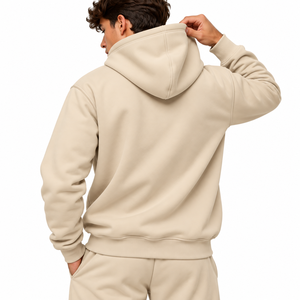 Sudadera con Capucha Beige para Hombre, Color Sólido, 100% Algodón, Felpa Francesa, Corte Regular, Casual, Logotipo Frontal Impreso y Bordado - Product Image 4