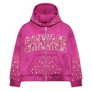 Sudadera con cremallera de diamantes de imitación peso pesado GSM con cremallera personalizada 100% algodón Terry invierno ropa de calle a prueba de viento para hombres y mujeres - Product Image 1