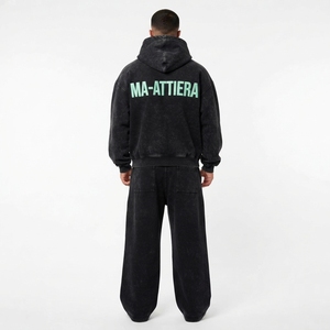 Ensemble survêtement streetwear pour homme, noir et vert menthe, avec sweat à capuche zippé et pantalon large, empiècements colorblock et détails strass, personnalisable OEM ODM - Product Image 2