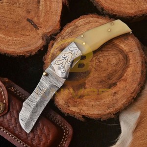 OEM Custom Handmade Damascus Steel Folding Hunting <b>Knife</b> with Natural <b>Bone</b> <b>Handle</b> Leather Sheath Outdoor Camping EDC <b>Knife</b> - Product Image 4