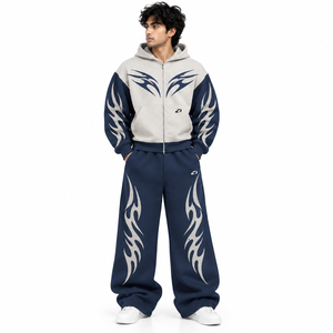 Conjunto de Chándal Personalizado para Hombre, Azul Marino, 2 Piezas, Sudadera con Cremallera Completa, Pantalones Deportivos de Pierna Ancha, Corte Holgado, Estilo Urbano, 100% Algodón, Marca Privada - Product Image 1