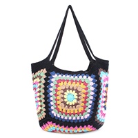Sac fourre-tout à bandoulière en coton crocheté fait main, motif géométrique coloré, grand format, avec deux poignées