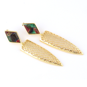 Designer women's <b>earring</b> mohave copper turquoise gemstone <b>dangle</b> <b>earring</b> solid brass 18k <b>gold</b> plated filigree design <b>earrings</b> - Product Image 3